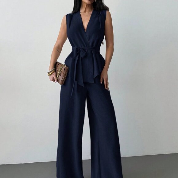 navy blue Elegant Women's Surplice Sleeveless Belted Blouse & Wide leg Pant Set - Picture 3 of 7